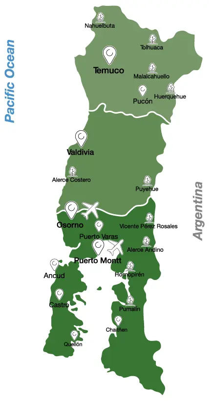 Mapa Araucanía y Región de los Lagos Chile - guía de volcanes lagos y destinos